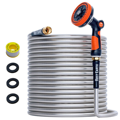 Stainless Steel Garden Hose + 8 Functional Ultra-Wide Nozzle