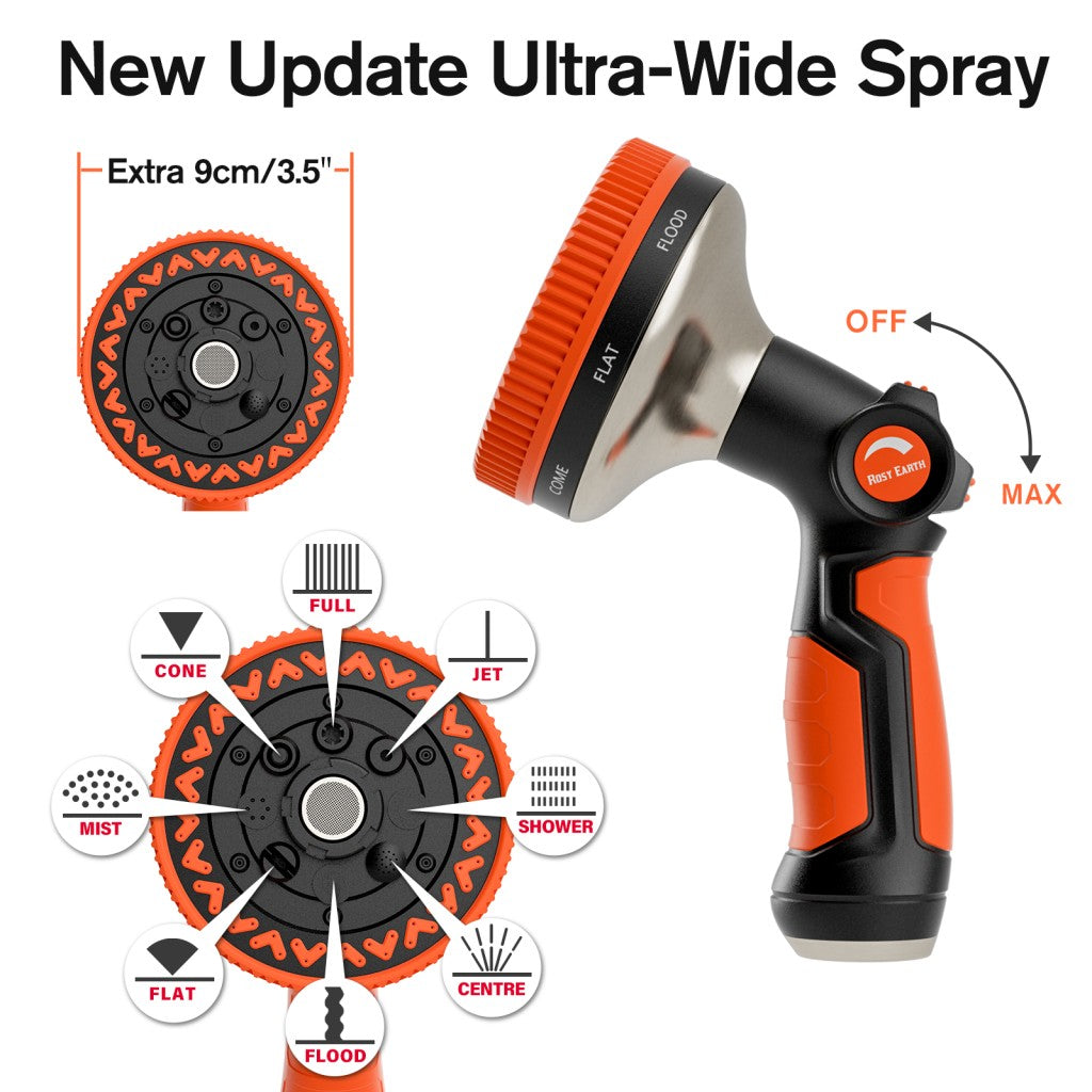 Stainless Steel Garden Hose + 8 Functional Ultra-Wide Nozzle