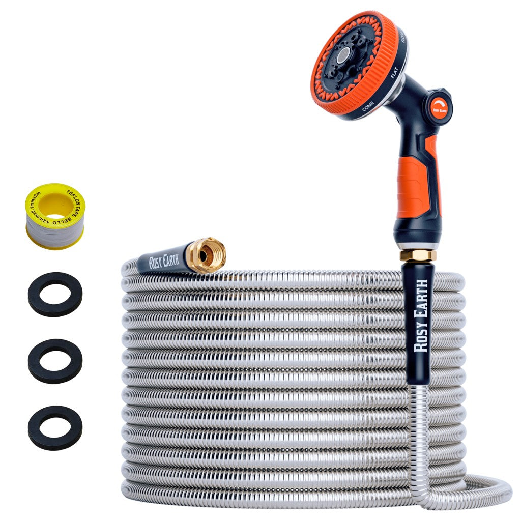 Stainless Steel Garden Hose + 8 Functional Ultra-Wide Nozzle