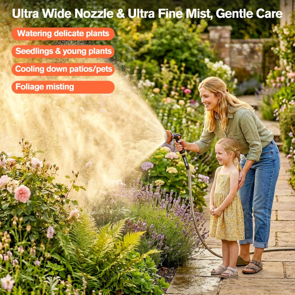 Stainless Steel Garden Hose + 8 Functional Ultra-Wide Nozzle