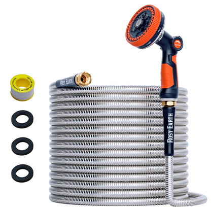 Stainless Steel Garden Hose + 8 Functional Ultra-Wide Nozzle