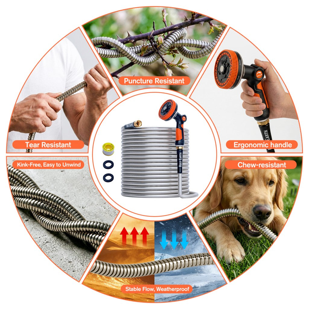 Stainless Steel Garden Hose + 8 Functional Ultra-Wide Nozzle