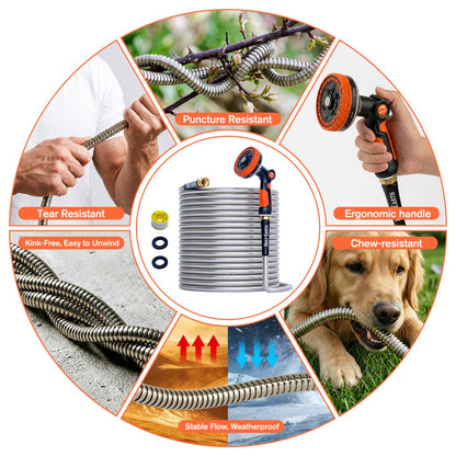 Stainless Steel Garden Hose + 8 Functional Ultra-Wide Nozzle