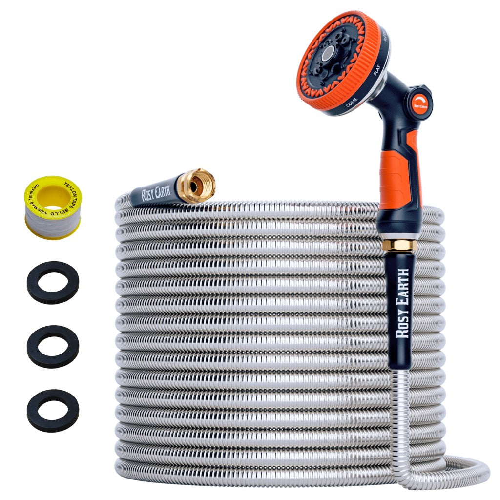 Stainless Steel Garden Hose + 8 Functional Ultra-Wide Nozzle