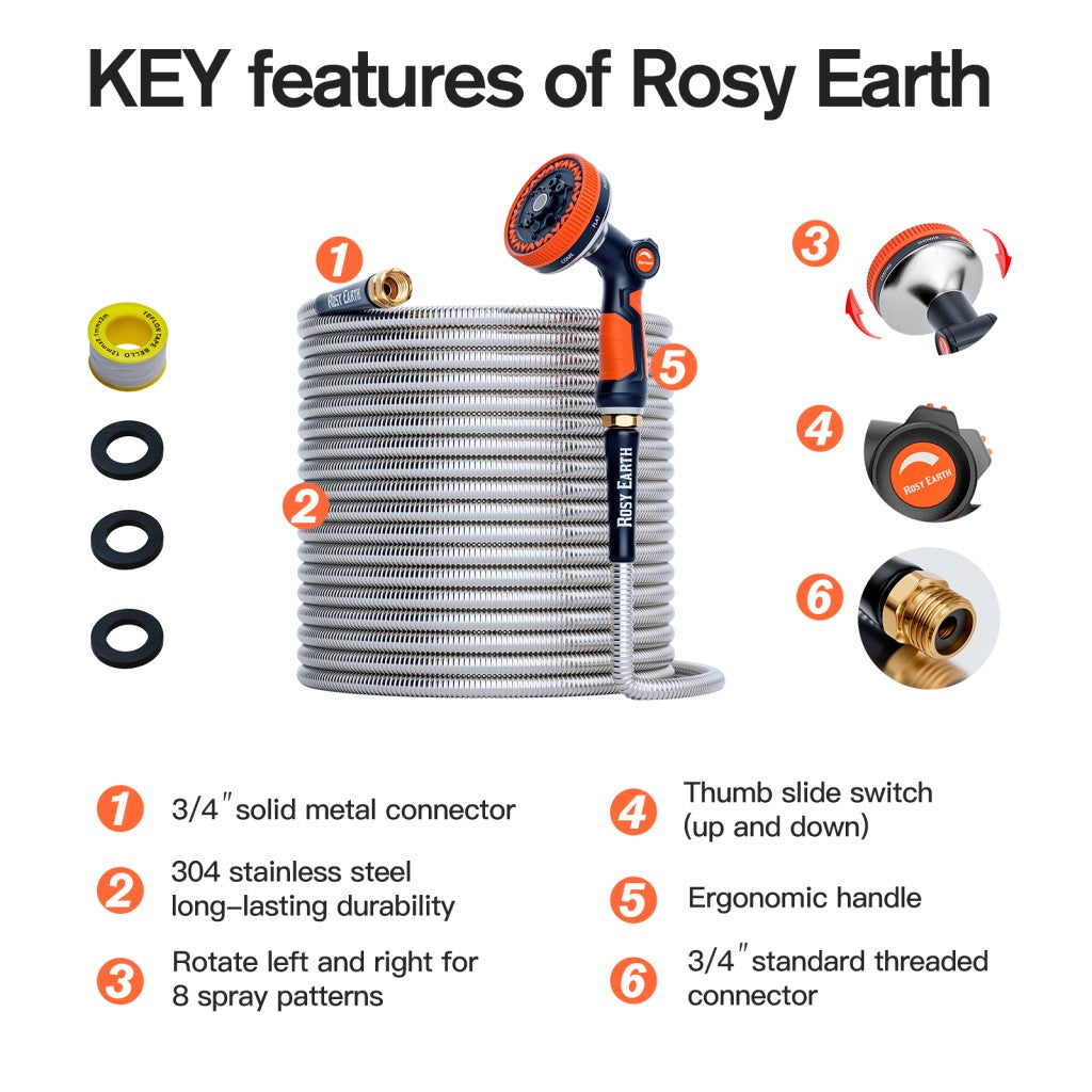 Stainless Steel Garden Hose + 8 Functional Ultra-Wide Nozzle