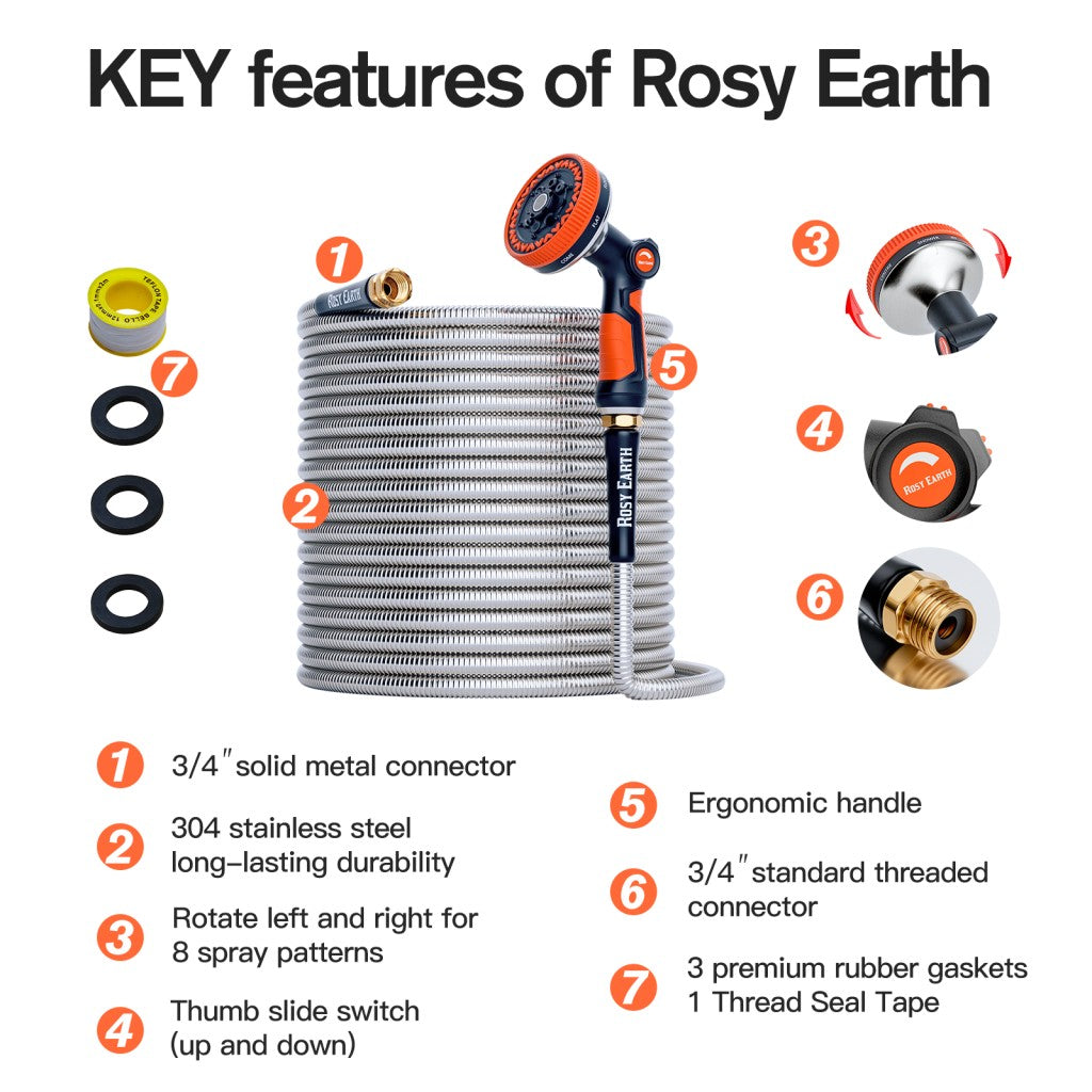 Stainless Steel Garden Hose + 8 Functional Ultra-Wide Nozzle