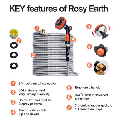 Stainless Steel Garden Hose + 8 Functional Ultra-Wide Nozzle