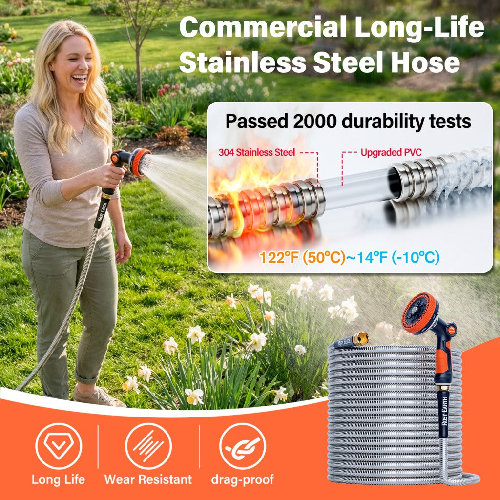 Stainless Steel Garden Hose + 8 Functional Ultra-Wide Nozzle